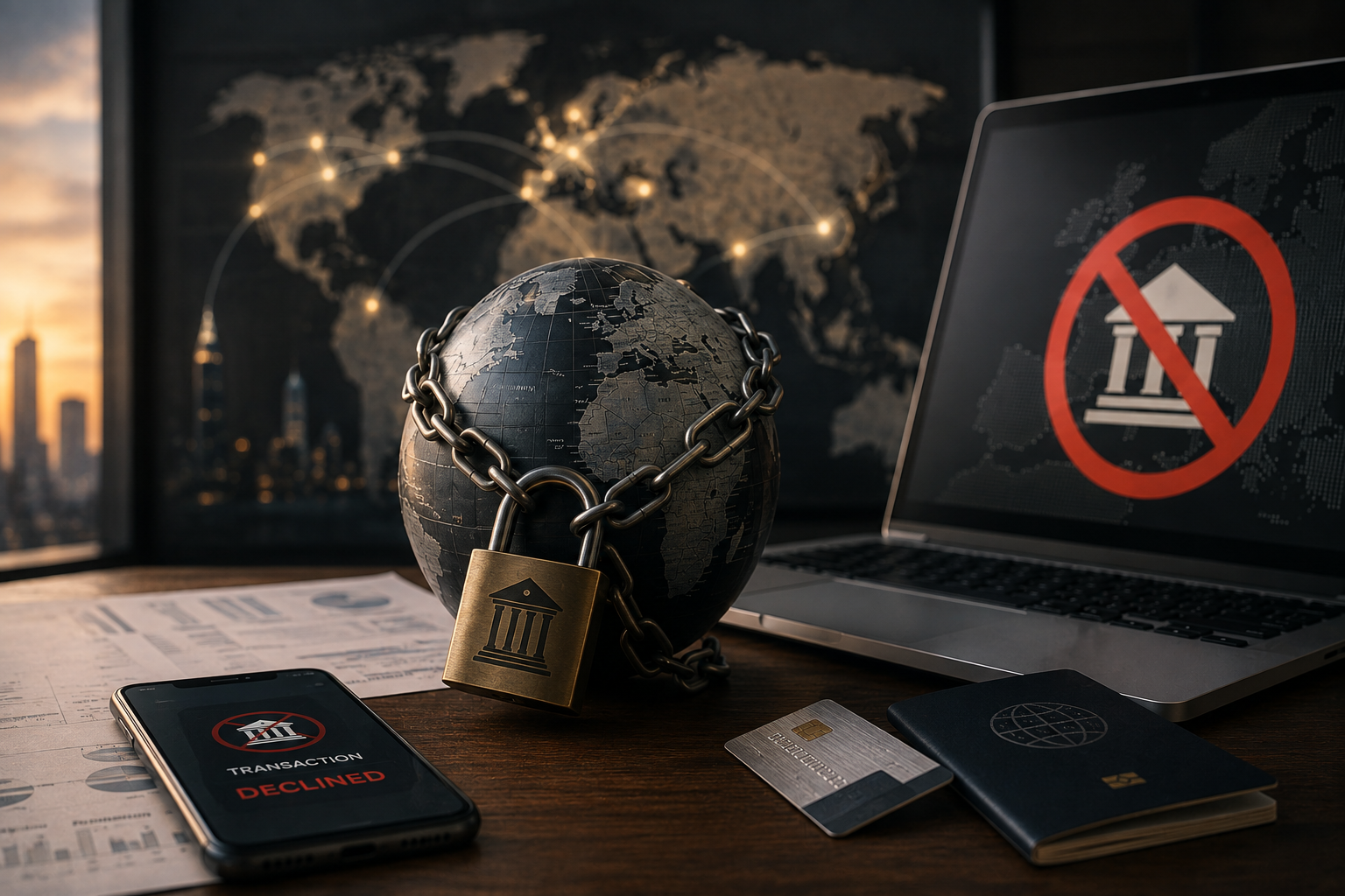 Globus mit Kette und Vorhängeschloss mit Bank-Symbol, Laptop mit durchgestrichenem Bank-Zeichen und Smartphone mit der Anzeige „Transaction declined“