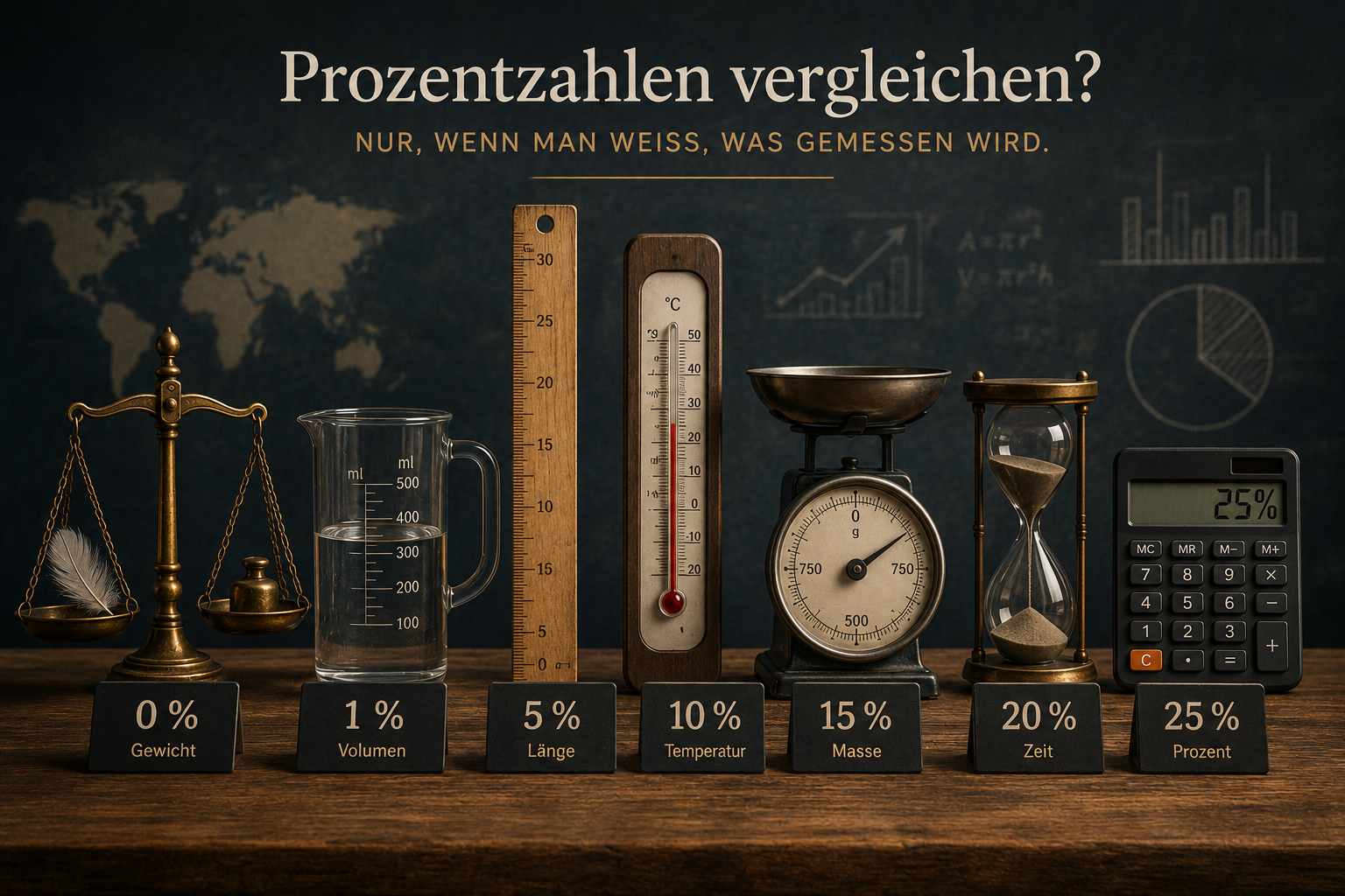Messinstrumente auf einem Holztisch – Balkenwaage, Messbecher, Lineal, Thermometer, Tafelwaage, Sanduhr und Taschenrechner – jeweils mit einem Prozentschild davor.