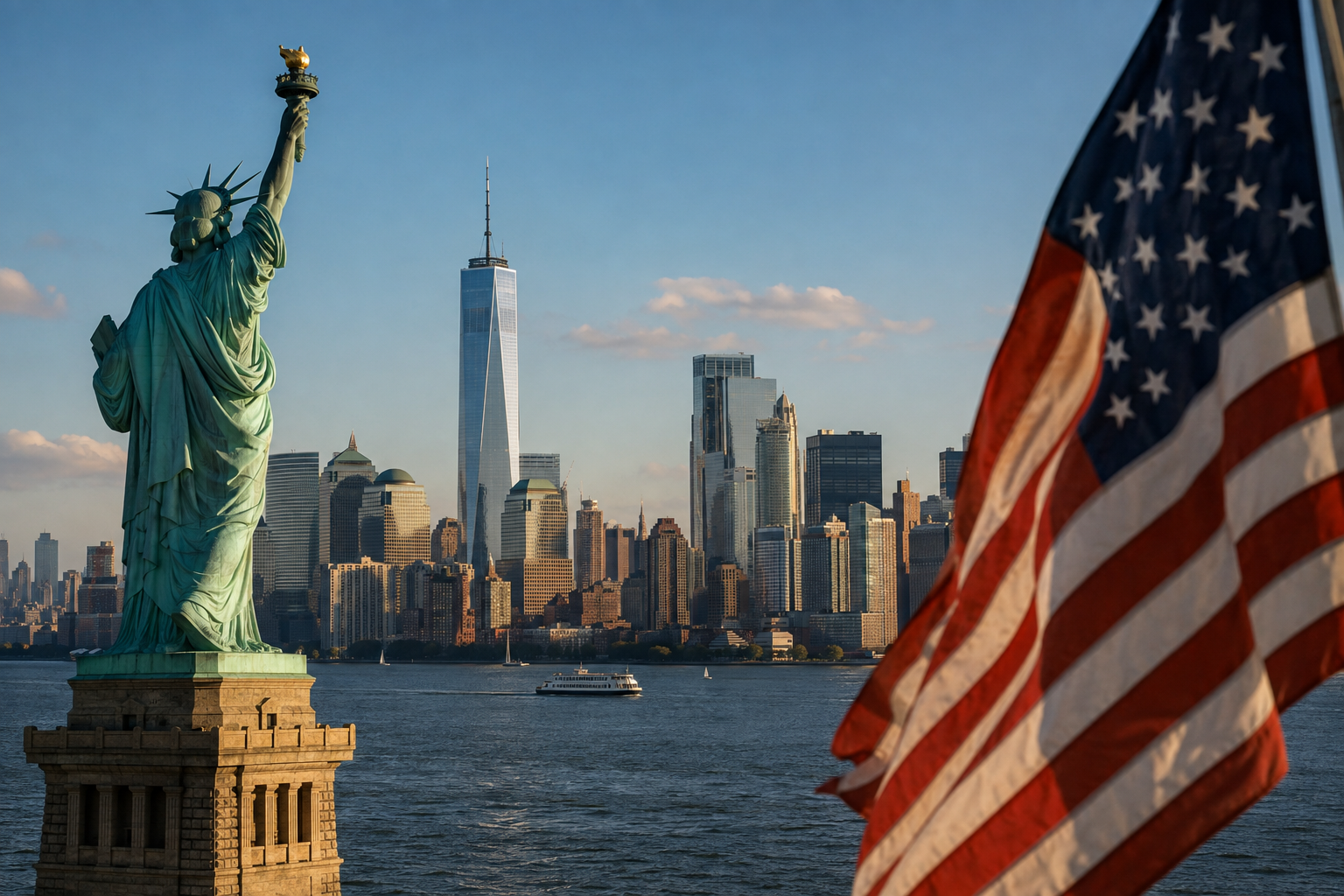 Freiheitsstatue vor der Skyline von Lower Manhattan mit amerikanischer Flagge und Hafenwasser im Vordergrund