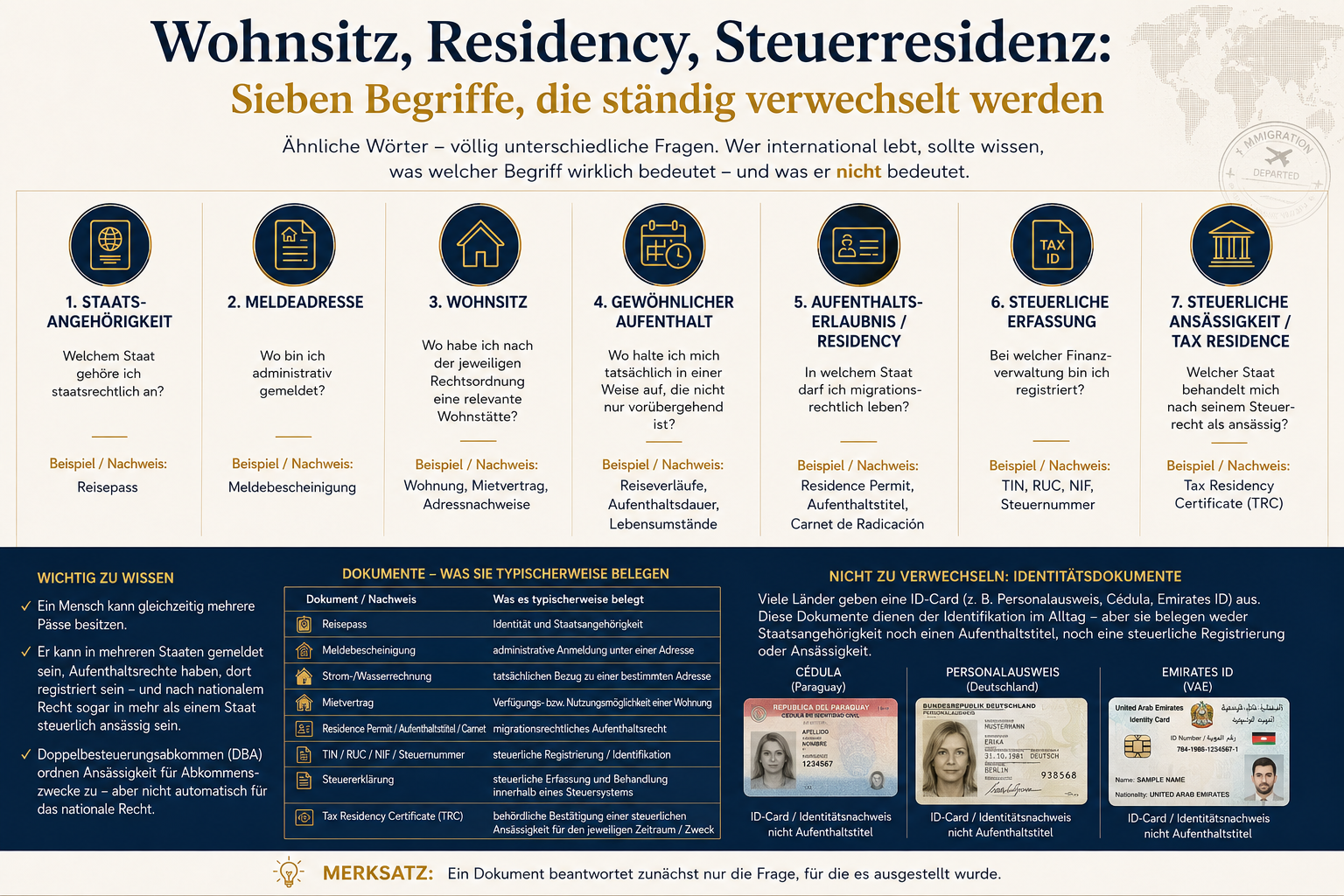 Übersicht der sieben Begriffe: Staatsangehörigkeit, Meldeadresse, Wohnsitz, gewöhnlicher Aufenthalt, Aufenthaltserlaubnis, steuerliche Erfassung und steuerliche Ansässigkeit