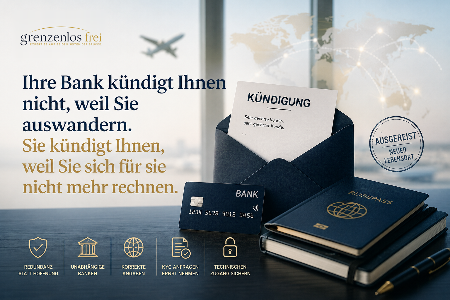 Kündigungsschreiben, Bankkarte und Reisepass – fünf Bausteine: Redundanz statt Hoffnung, unabhängige Banken, korrekte Angaben, KYC-Anfragen ernst nehmen, technischen Zugang sichern