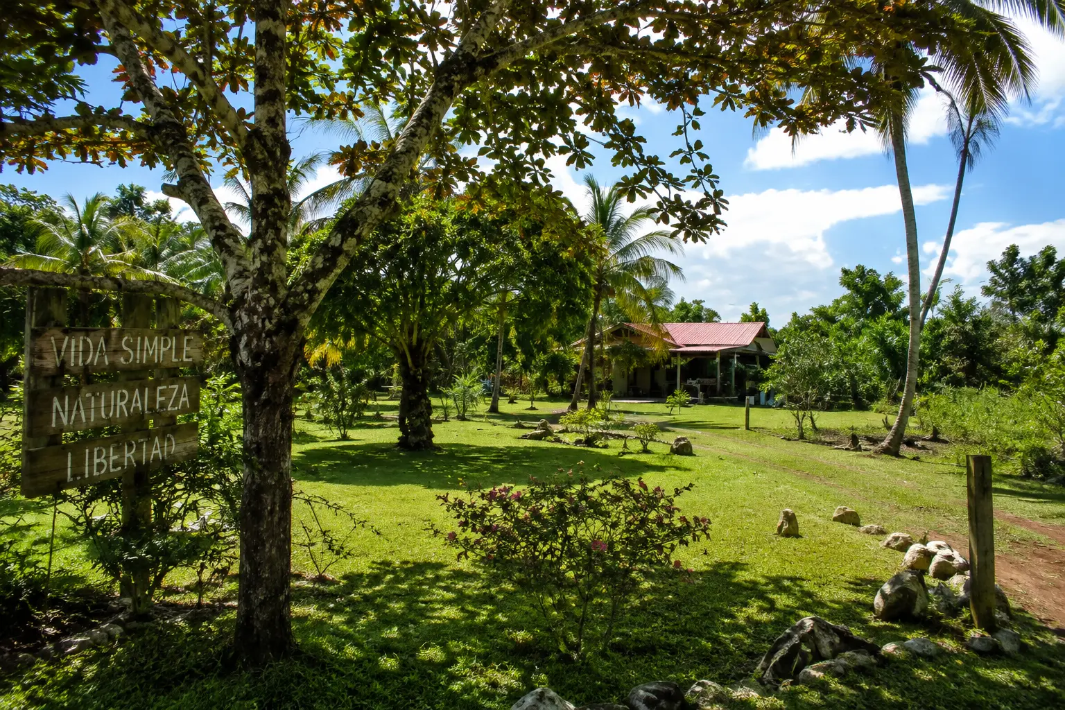 Ländliches dominikanisches Grundstück mit tropischer Vegetation, Palmen, einfachem Wohnhaus und einem Holzschild mit der Aufschrift „Vida simple, naturaleza, libertad“