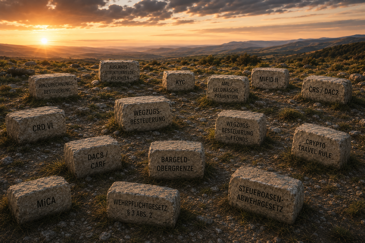 Beschriftete regulatorische Steinblöcke in einer weiten Landschaft bei Sonnenuntergang