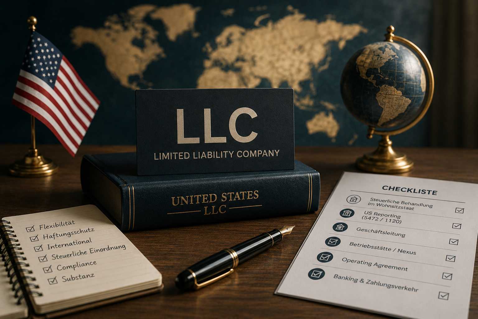 Schreibtisch mit LLC-Schild, gebundenem Band „United States LLC“, US-Flagge, Globus, Weltkarte im Hintergrund und einer Checkliste zu steuerlicher Behandlung, US-Reporting, Geschäftsleitung, Betriebsstätte, Operating Agreement und Banking.