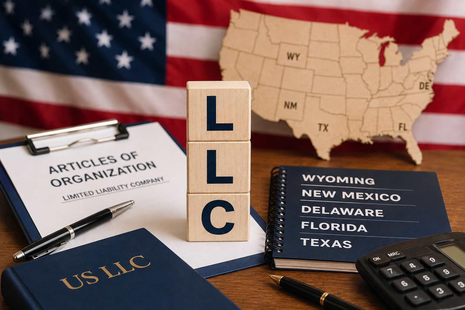 LLC-Holzbuchstaben vor US-Karte und amerikanischer Flagge, daneben Articles of Organization und eine Liste der Bundesstaaten Wyoming, New Mexico, Delaware, Florida und Texas