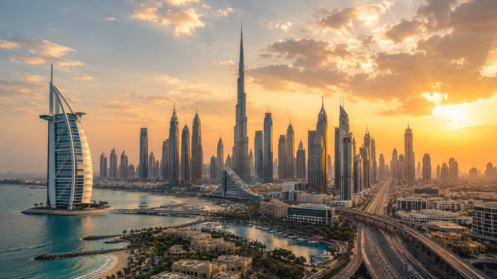 Dubai bei Sonnenuntergang mit Burj Khalifa, moderner Skyline, Küste und urbaner Infrastruktur.