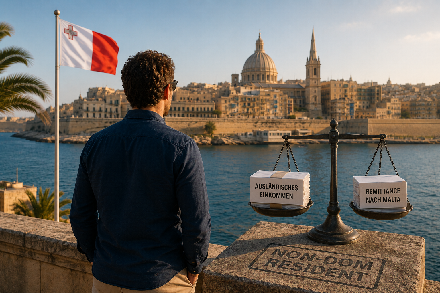 Mann blickt von einer Uferpromenade auf die Skyline von Valletta; daneben eine Waage mit den Gewichten „Ausländisches Einkommen“ und „Remittance nach Malta“ sowie ein Steinstempel „Non-Dom Resident“.
