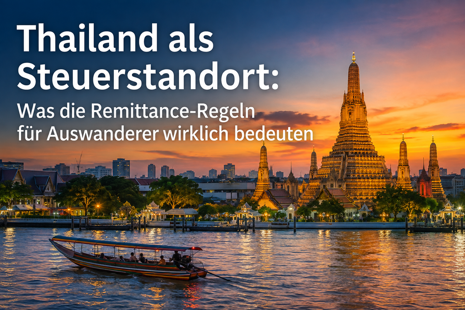 Bangkok am Chao Phraya bei Abendlicht mit dem beleuchteten Wat Arun und einem Longtailboot auf dem Fluss