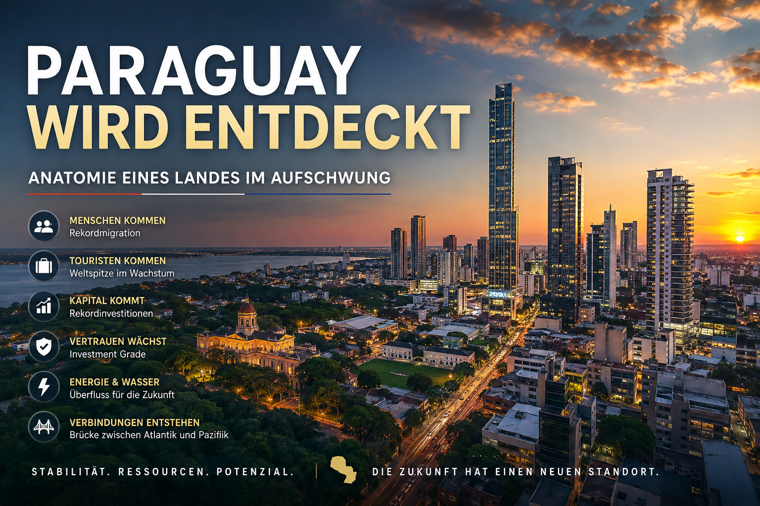 Skyline von Asunción im Abendlicht mit dem Schriftzug „Paraguay wird entdeckt – Anatomie eines Landes im Aufschwung“