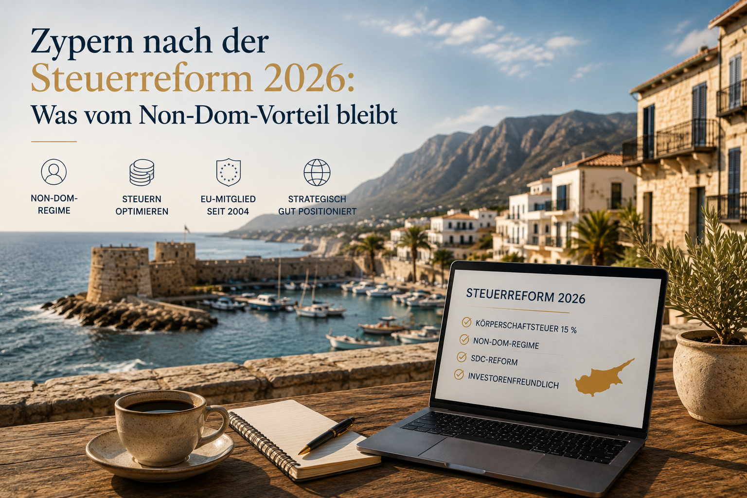Küstenlandschaft Zyperns mit Hafen, Bergen und einem Laptop, auf dem Eckpunkte der Steuerreform 2026 dargestellt sind