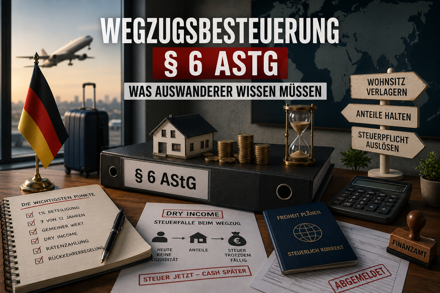 Wegzugsbesteuerung § 6 AStG: Aktenordner mit § 6 AStG, Modellhaus, Münzstapel, Sanduhr, deutsche Flagge, Wegweiser und Notizblock mit den wichtigsten Punkten