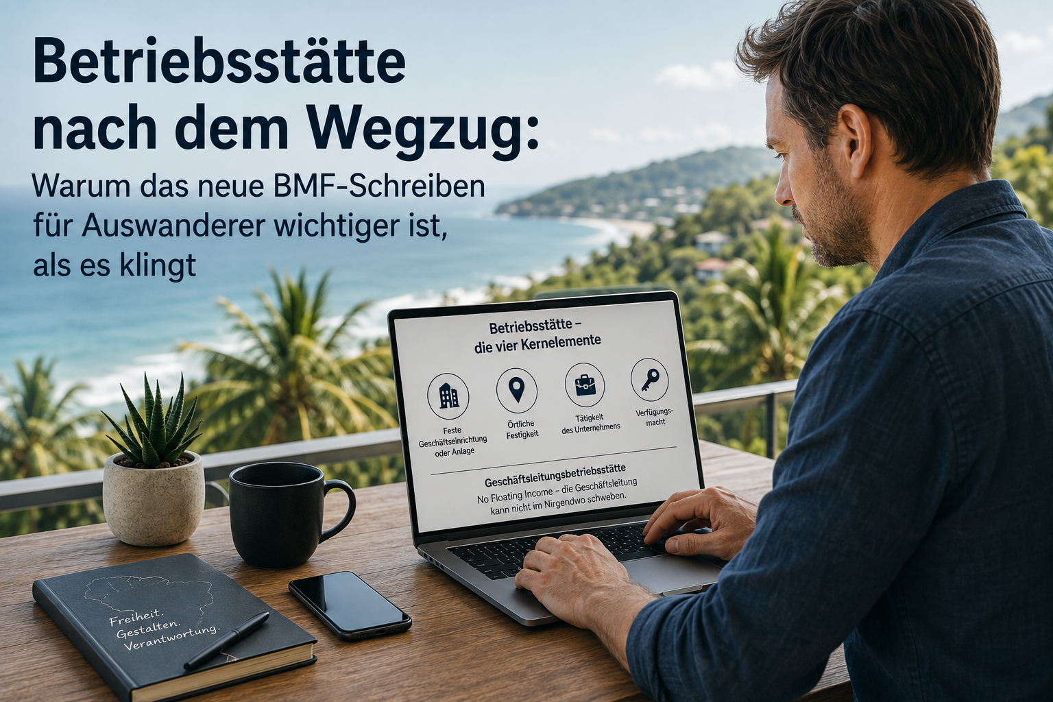 Unternehmer arbeitet mit Laptop auf einer Terrasse mit Meerblick; auf dem Bildschirm die vier Kernelemente der Betriebsstätte und der Hinweis auf die Geschäftsleitungsbetriebsstätte.