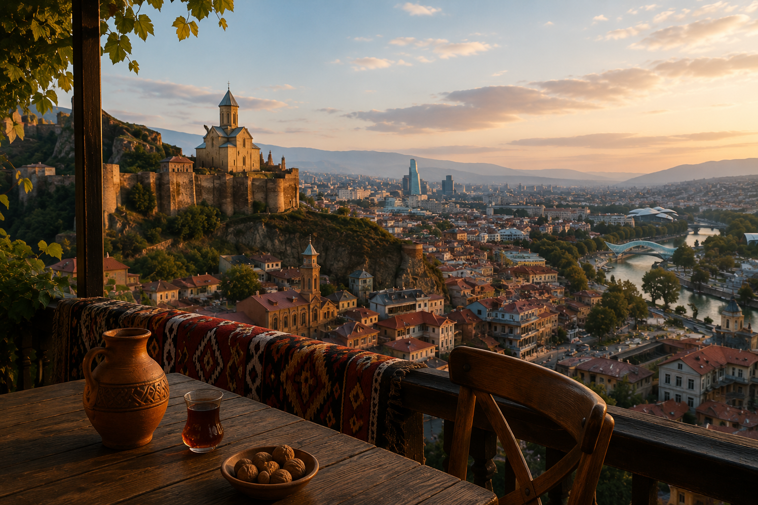Blick von einer Terrasse über Tiflis: Festung und Kirche auf dem Hügel, Altstadt, Fluss und Kaukasusberge im warmen Abendlicht, im Vordergrund Tonkanne, Teeglas und Walnüsse auf einem Holztisch.