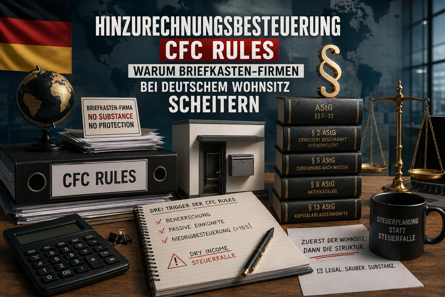 Hinzurechnungsbesteuerung und CFC Rules: Aktenordner, AStG-Kommentare zu §§ 2, 5, 8 und 13 AStG, Briefkastenfirma ohne Substanz und Notizen zu den drei Triggern