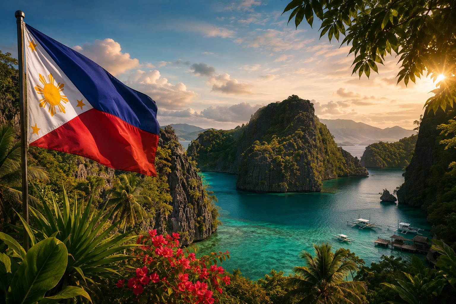 Philippinische Flagge über einer tropischen Inselbucht mit Kalksteinfelsen, türkisfarbenem Wasser und Booten im warmen Abendlicht
