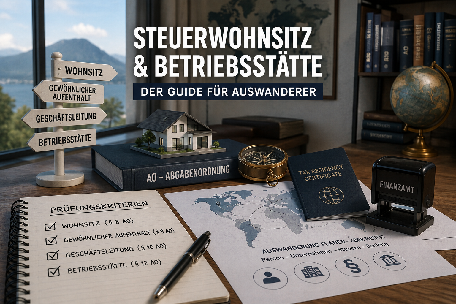 Steuerwohnsitz und Betriebsstätte: Wegweiser mit Wohnsitz, gewöhnlicher Aufenthalt, Geschäftsleitung und Betriebsstätte, AO-Kommentar, Tax Residency Certificate und Finanzamt-Stempel