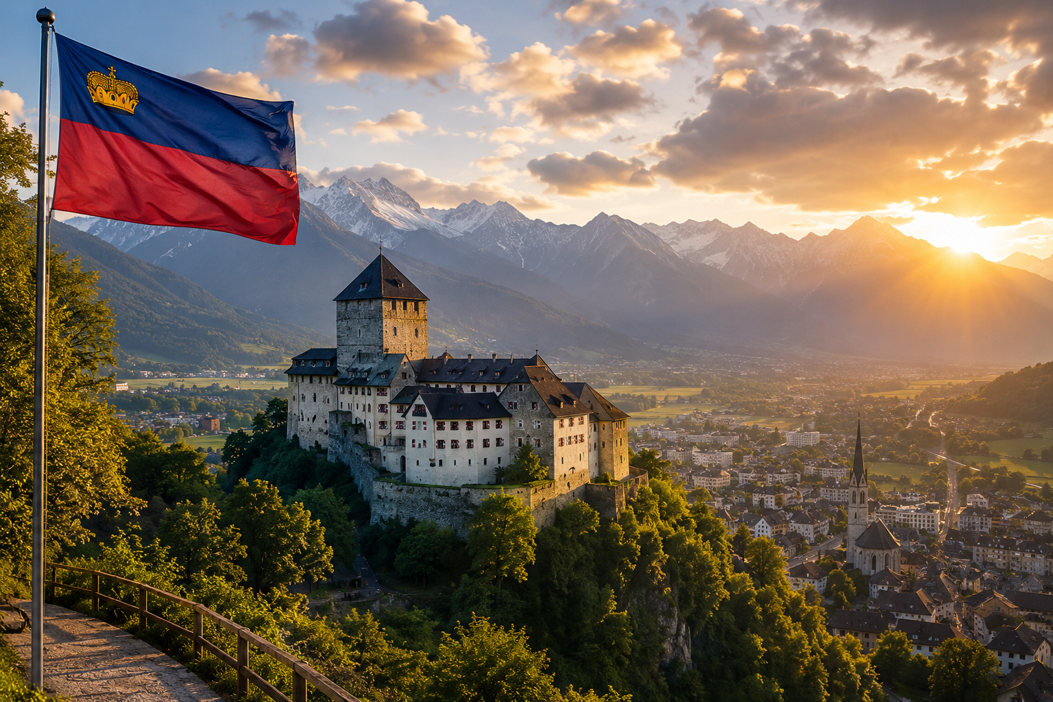 Schloss Vaduz über dem Rheintal im Abendlicht, im Vordergrund die wehende Flagge des Fürstentums Liechtenstein.