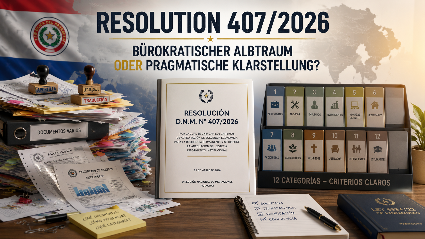 Resolution D.N.M. Nr. 407/2026 auf einem Schreibtisch, daneben Dokumentenstapel mit Apostille- und Legalisierungsstempeln sowie ein Sortierfach mit den zwölf Kategorien der wirtschaftlichen Solvenz