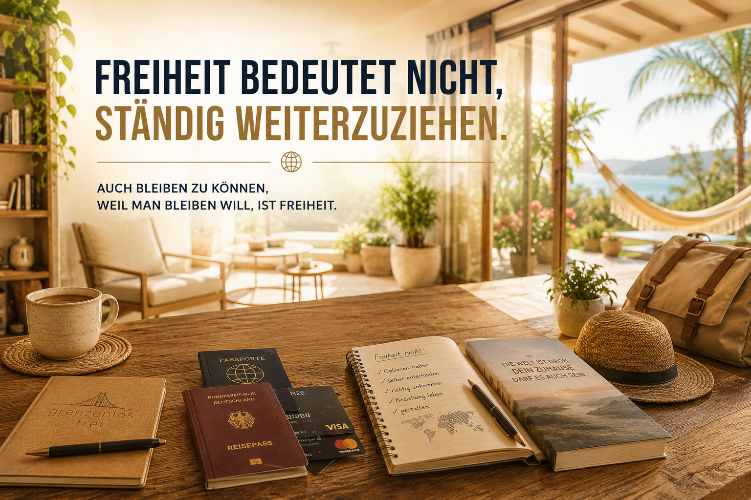 Schreibtisch mit Notizbuch, Reisepass, Karten und Blick auf eine sonnige Terrasse mit Palmen und Hängematte – Titel: Freiheit bedeutet nicht, ständig weiterzuziehen