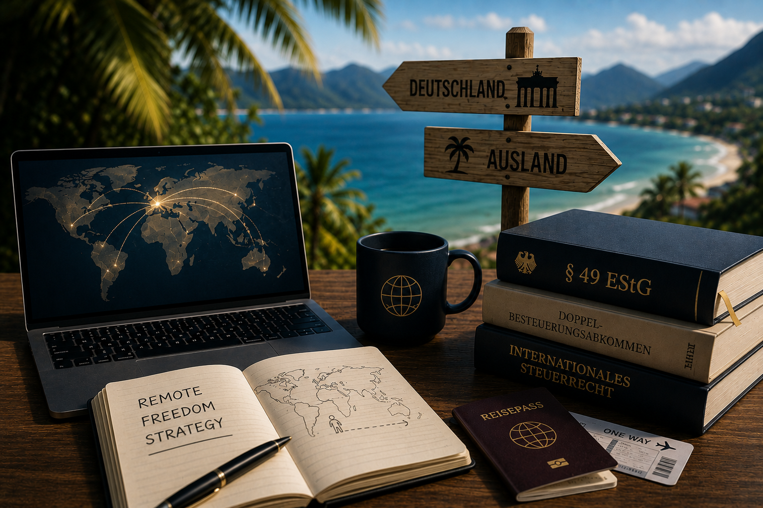 Laptop mit Weltkarte, Reisepass, Steuerrecht-Bücher und Wegweiser zwischen Deutschland und Ausland