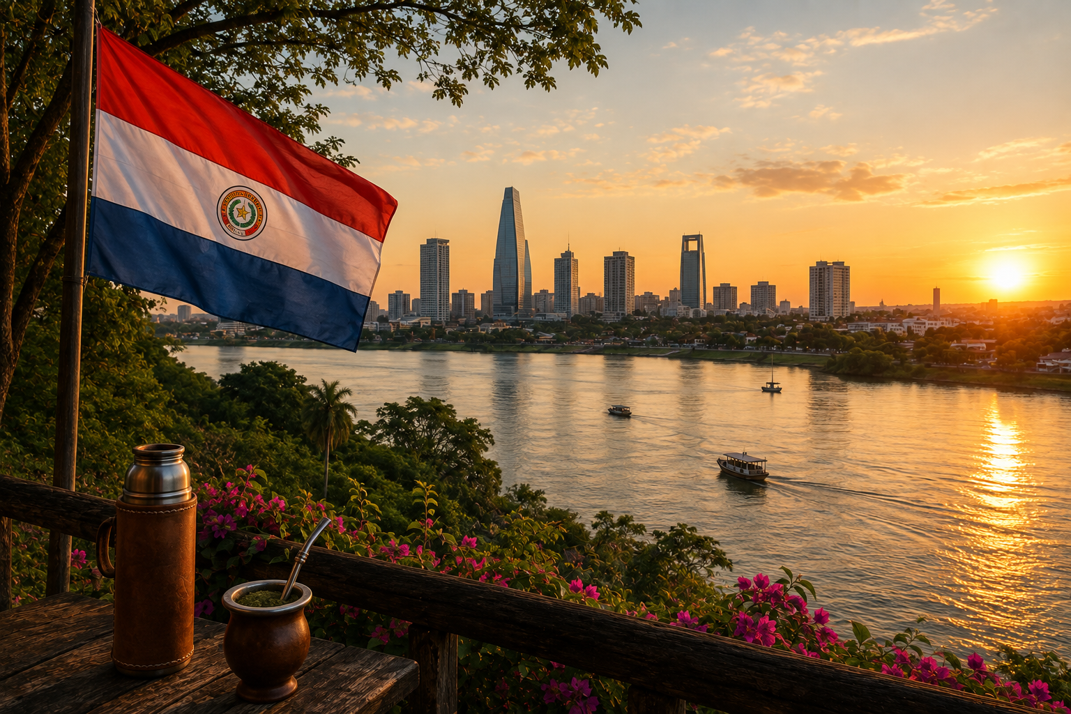 Blick über den Río Paraguay auf die Skyline von Asunción im warmen Abendlicht, im Vordergrund eine paraguayische Flagge, Termo und Mate-Gefäß auf einem Holzgeländer.