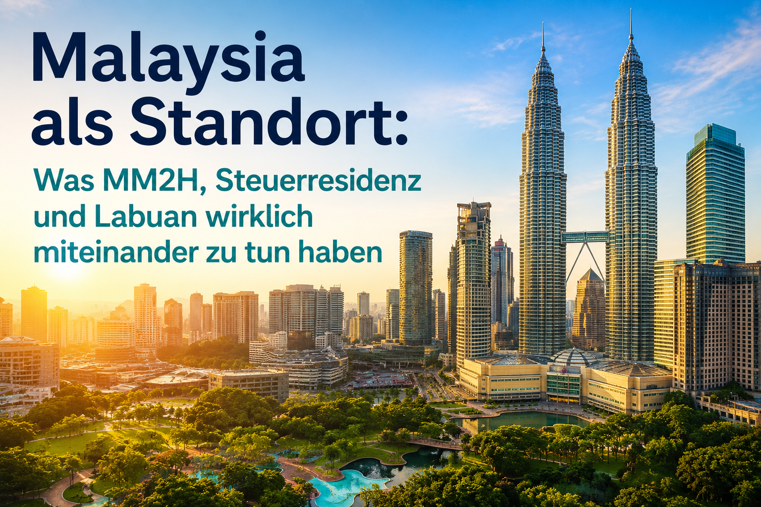 Skyline von Kuala Lumpur mit den Petronas Towers im Abendlicht, im Vordergrund der KLCC-Park
